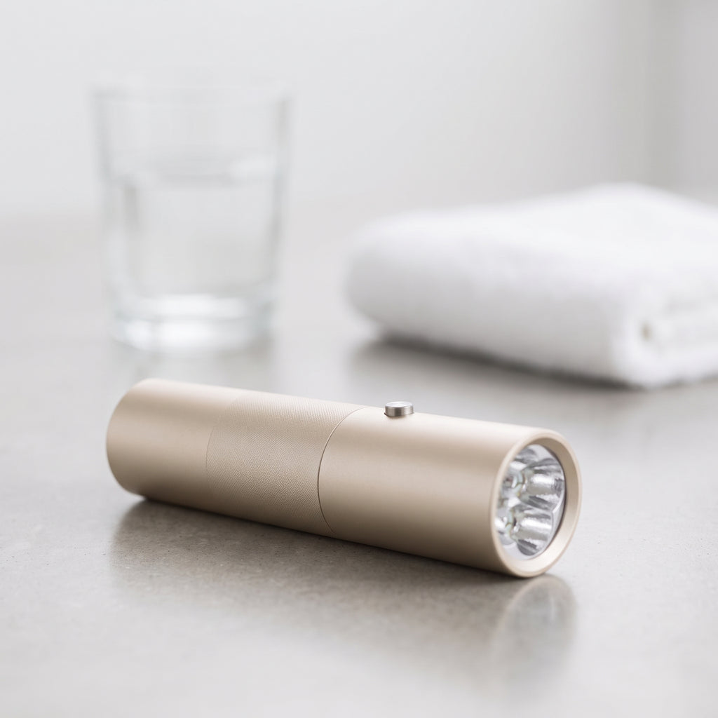 detail: A NEW photorealistic photograph composed from scratch. A sleek, minimalist vanity table features a smooth, light-colored polished concrete surface. A small, elegant glass of water and a single, unadorned white hand towel are carefully placed nearby. Bright, even ambient light fills the space from above, creating subtle, soft shadows. The product lies horizontally in the lower third of the frame, slightly angled towards the viewer. The camera is positioned at a low angle, utilizing a 100mm macro len…